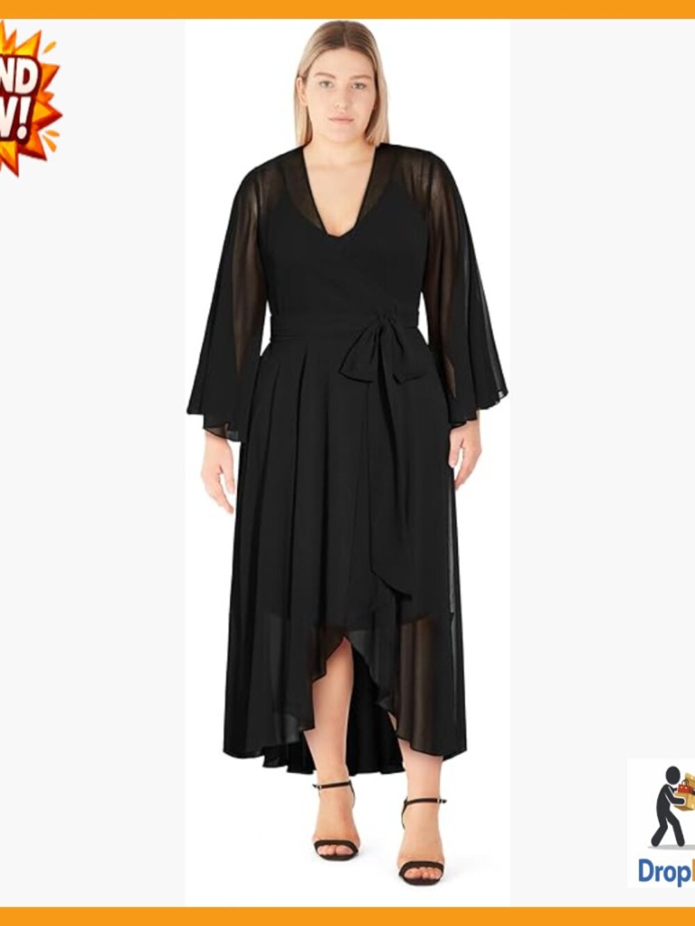 Wrap Maxi Dress Flattering V-Neck Bell Sleeves Chiffon Elegant Evening Wear